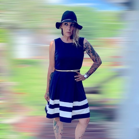 Calvin Klein Dresses & Skirts - Navy blue & white stripe sailor style fit & flare sleeveless dress Calvin Klein